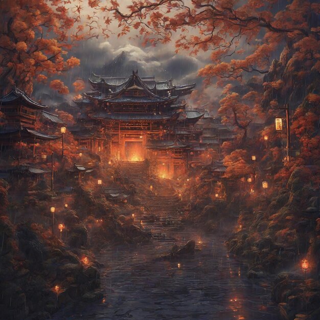 Japón lluvia noche otoño fantasía entorno antiguo línea estilo de arte demonios de fuego intrincado