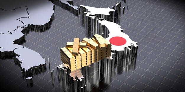 Japón mapa y bandera lingotes de oro ilustración 3D