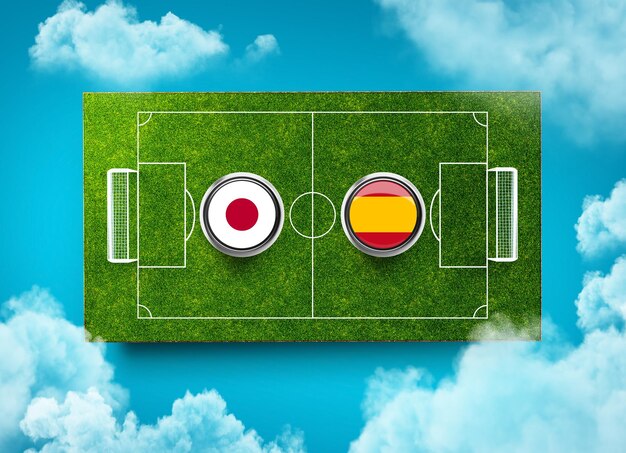 Japón vs España Versus banner de pantalla Concepto de fútbol campo de fútbol estadio ilustración 3d