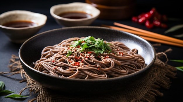 Japonês de trigo sarraceno caseiro mergulhando macarrão soba