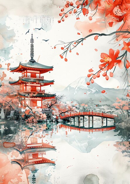 Japonês Kyoto paisagem aquarela modelo de convite de casamento