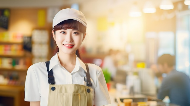Japonesa trabaja en una pastelería concepto de chef de pastelería con uniforme Ella es un personal de fabricación de pasteles IA generativa
