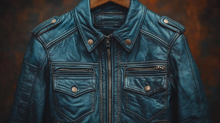 Foto jaqueta de couro azul-azul um estilo clássico
