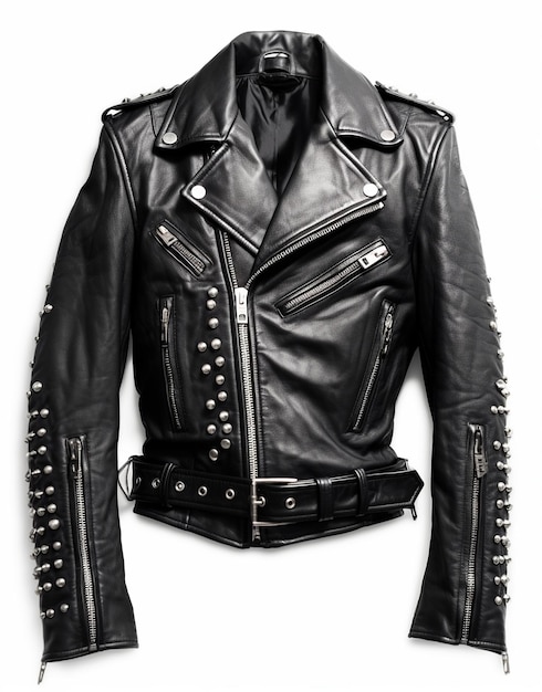 Foto jaqueta de couro preta com estilo punk spike isolado em fundo branco generative ai