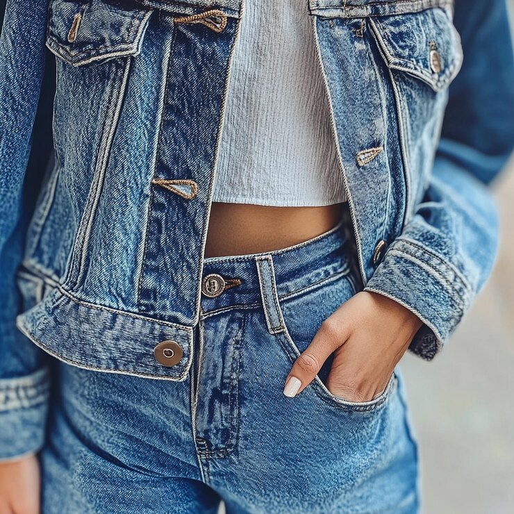 Foto jaqueta de denim e calça jeans