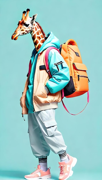 Jaqueta de moda de girafa e mochila com tênis em fundo pastel