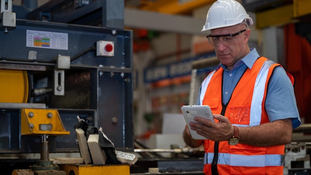 Jaqueta de segurança para engenheiros da indústria pesada Máquina de verificação de manutenção preventiva diária na fábrica de fabricação Use telefone inteligente ou tablet verificando homem inspetor