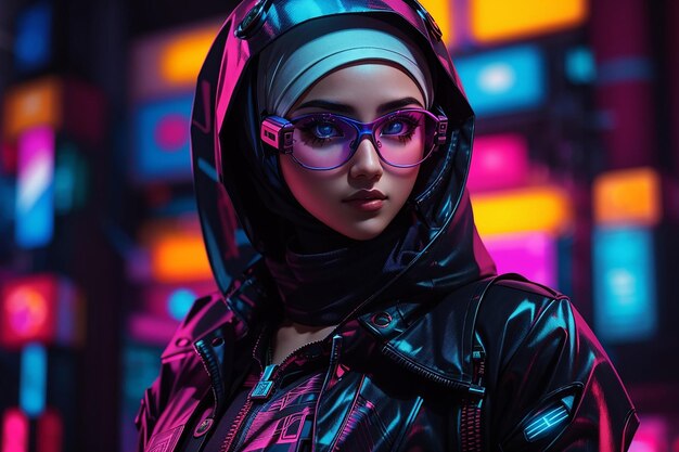 Foto jaqueta hijab garota cyberpunk fundo neon