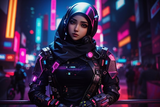 jaqueta hijab garota cyberpunk fundo neon