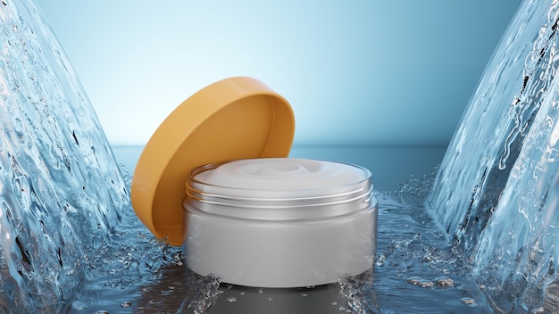 Jar crema de belleza cosméticos hidratantes para manos y cara Flujo de agua y gota golpeó producto cosmético crema blanca renderizado en 3D