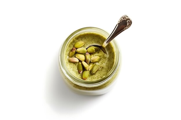 Jar y cuchara con deliciosa mantequilla de pistacho sobre fondo blanco Ai Generative