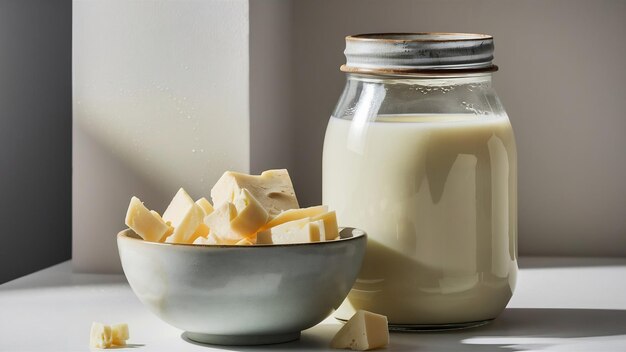 Jar lleno de leche y queso en un cuenco