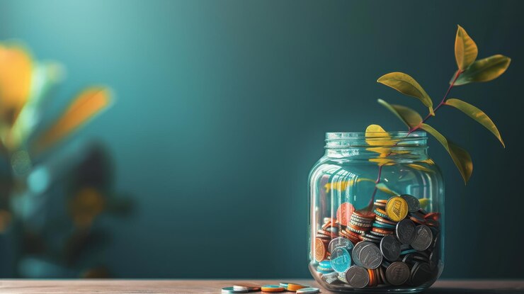 Jar lleno de monedas y una planta en crecimiento en un fondo azul azul concepto de ahorro y crecimiento Flat lay