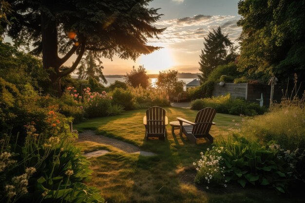 Jardim bem cuidado com relaxante cadeira de balanço e vista para o pôr do sol