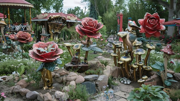 Jardim caprichoso com grandes rosas vermelhas cogumelos e outras esculturas feitas de metal e pintadas em cores brilhantes