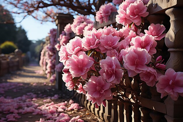 Foto jardim cercado com flores cor-de-rosa