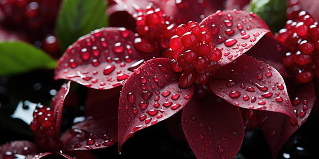 Jardim chuvoso Closeup de flores e folhas com gotas de chuva