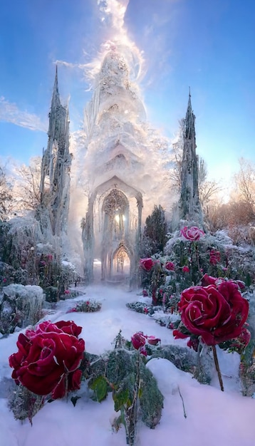 Jardim coberto de neve com rosas vermelhas no primeiro plano generativo ai