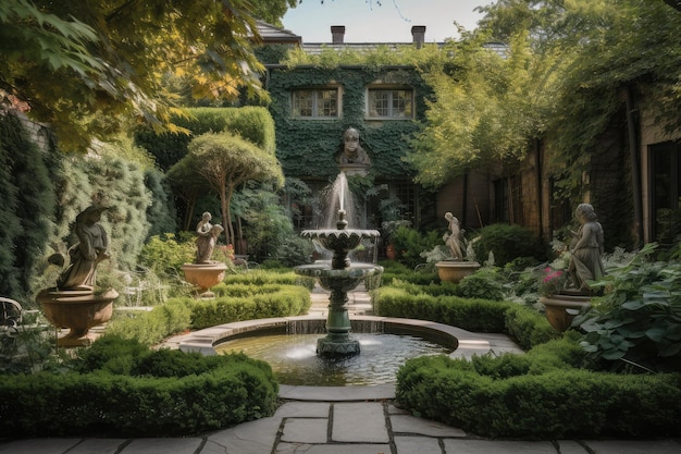 Jardim com esculturas e fontes rodeadas por uma vegetação luxuriante