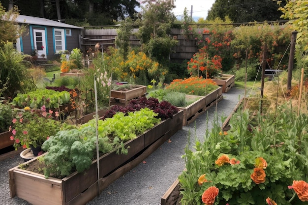 Jardim comunitário criativo com diferentes culturas e flores em cada canteiro criado com IA generativa