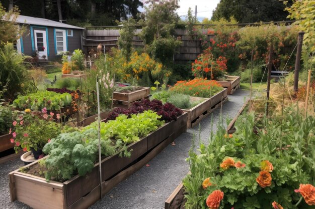 Jardim comunitário criativo com diferentes culturas e flores em cada leito criado com IA generativa