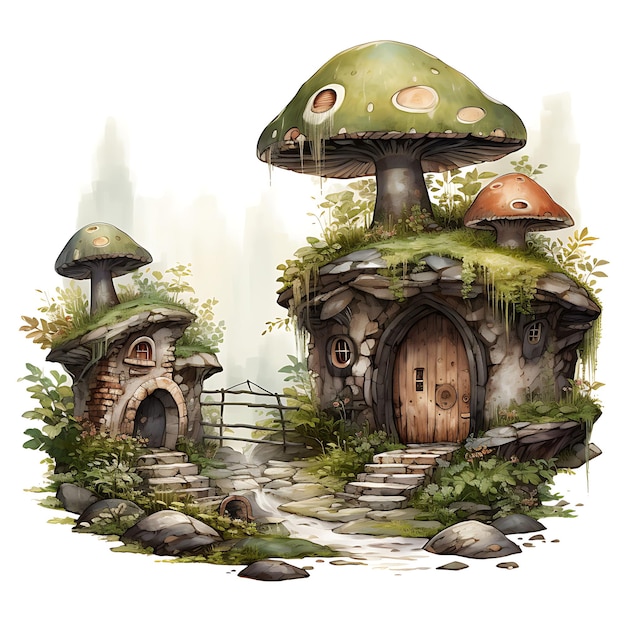 Jardim da Aldeia Gnome Coberto de musgo Rochas minúsculas cabanas de madeira Gno aconchegante aquarela da natureza decorativa