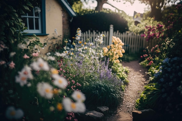 Foto jardim da casa de campo com ilustração de flores ai generative