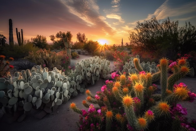 Jardim de cactos com flores coloridas e dramático pôr do sol ao fundo