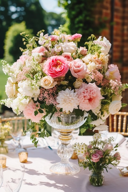 Jardim de casamento no campo e decoração floral linda decoração luxuosa de flores rosa em estilo country generativo ai