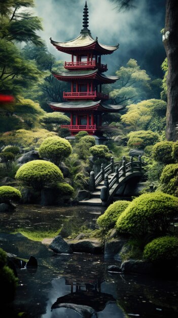 Foto jardim de chá japonês tranquilo com papel de parede de pagode para o telefone