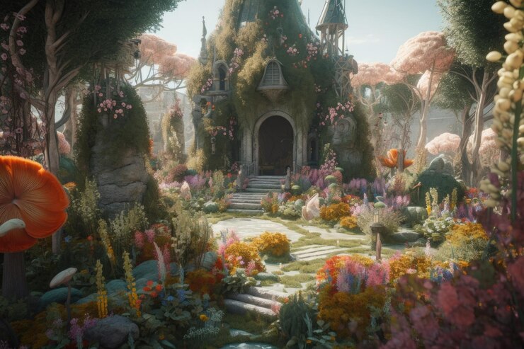 Foto jardim de fantasia com criaturas e plantas mágicas em um cenário de conto de fadas criado com ia generativa