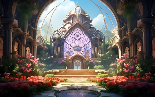Jardim de fantasia do paraíso com fundo de paisagem idílica de flores