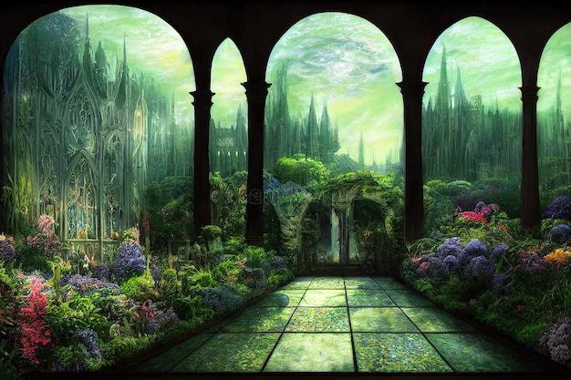 Jardim de fantasia em um majestoso edifício arquitetônico com grandes vitrais e arcos