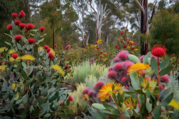 Jardim de flores de eucalipto com uma mistura de flores coloridas