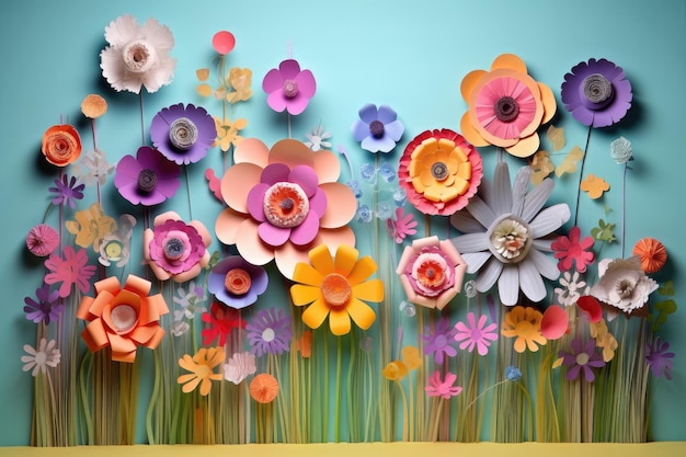 Jardim de flores de papel colorido com várias formas e tamanhos criados com generative ai