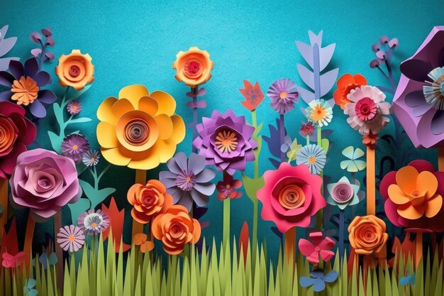 Jardim de flores de papel colorido com várias formas e tamanhos criados com generative ai