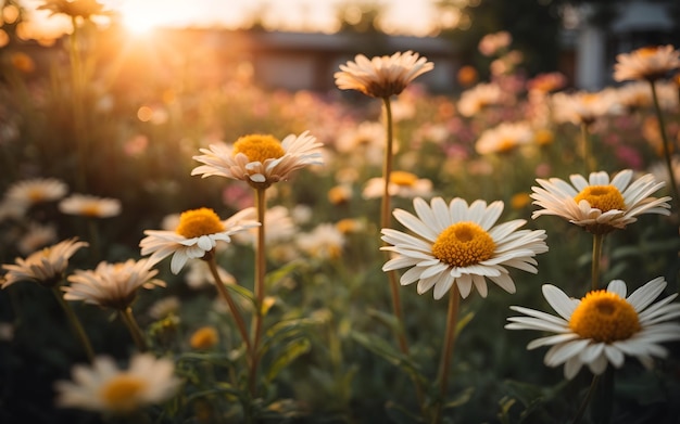 Jardim de flores margaridas ao pôr do sol