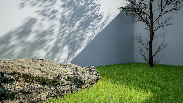 jardim de grama de renderização 3D com árvore e parede