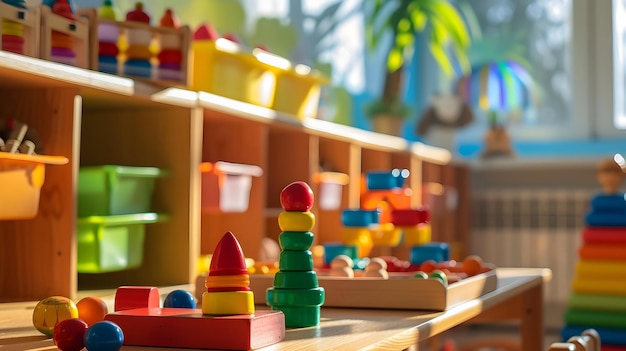 Jardim de infância birght brinquedos coloridos foto com prateleiras montessori foto de educação precoce de alta qualidade