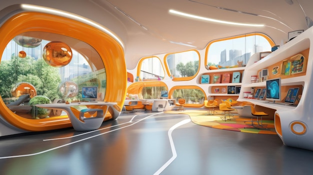 Jardim de infância futurista Interior moderno do quarto das crianças Cores brilhantes e formas fluidas futuristas