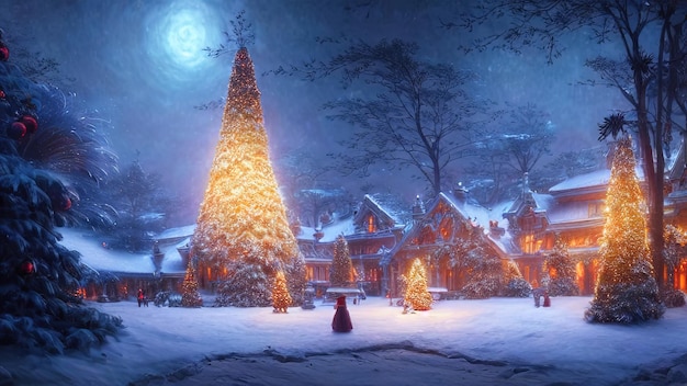 Jardim de inverno de ano novo com árvores de natal decoradas luzes guirlandas decorações festivas de ano novo cidade festiva lanternas de natal decoradas rua inverno neve cartão postal ilustração 3D