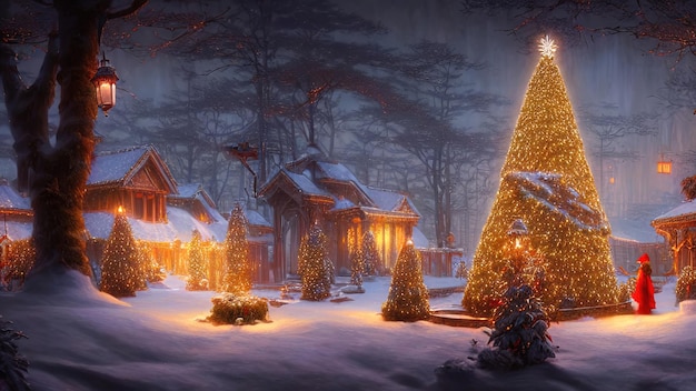 Jardim de inverno de ano novo com árvores de natal decoradas luzes guirlandas decorações festivas de ano novo cidade festiva lanternas de natal decoradas rua inverno neve cartão postal ilustração 3D