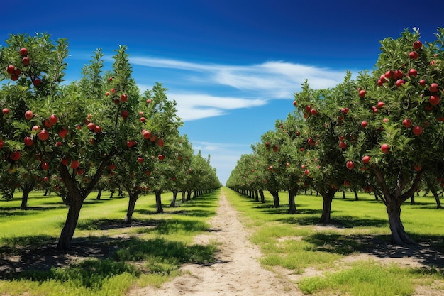 Foto jardim de maçãs plantado em fileiras iguais em um dia ensolarado