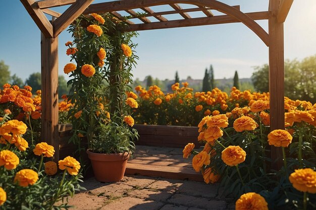 Foto jardim de margarida com uma árvore de madeira para rosas trepadoras