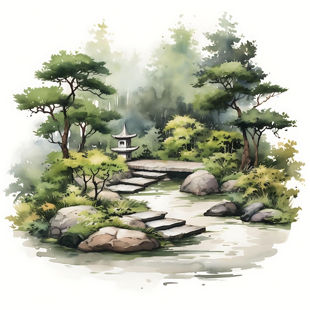 Jardim de Meditação Zen Jardim Zen Plantas como Bonsai Árvores Me Aconchegante Aquarela da Natureza Decorativa