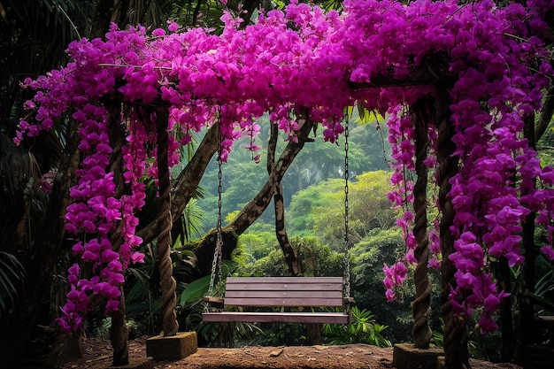 Jardim de orquídeas com um balanço de madeira pendurado em uma árvore