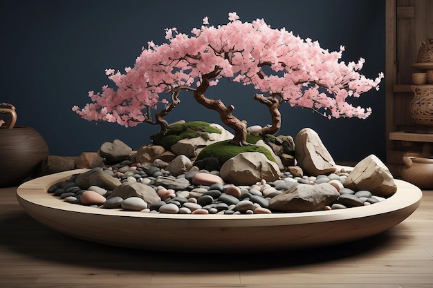 Jardim de pedras Zen completo com seixos meticulosamente colocados e uma árvore bonsai em flor de cerejeira