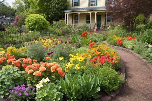 Jardim de primavera com flores coloridas e nova folhagem criada com IA generativa