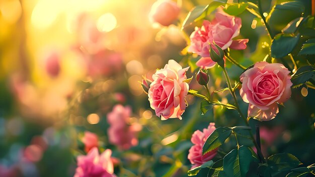 Jardim de rosas sereno ao pôr-do-sol Pétalas cor-de-rosa vibrantes e luz suave criam uma cena pacífica Fonte de natureza idílica para relaxamento e inspiração AI