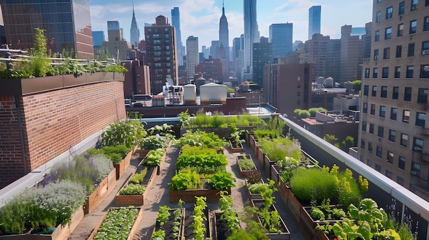 Jardim de telhado exuberante com vários vegetais em Nova York Para mostrar a beleza e a importância da agricultura urbana e dos jardins de telhado para uma vida sustentável